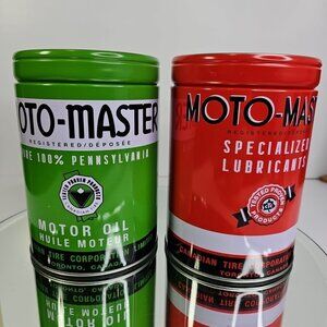 Canadian Tire Moto-Master Oil Red Green Tin Coin Bank Set Promotional Item Decor